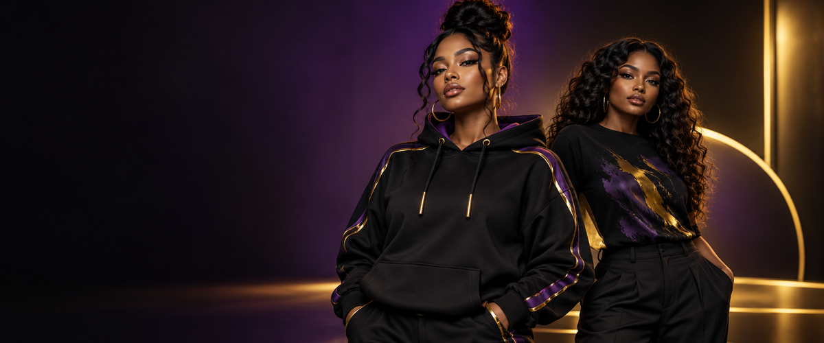 Two Black women modeling elevated black streetwear with purple and gold accents